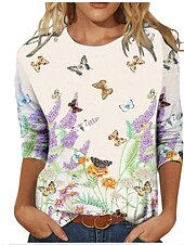economico T-shirt floreale-Per donna maglietta Bianco Rosso Viola Floreale Farfalla Stampa Manica lunga Informale Giornaliero Essenziale Vintage Rotonda Standard Floreale Astratto Pittura S