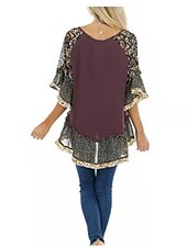 tanie Boho topy-Damskie Koszula Koszula Boho Tunika Bluzka Kwiaty Panterka Moda miejska Codzienny Rękaw 3/4 Okrągły dekolt Zwykłe topy Codzienny Weekend Falbana Nadruk Lejąca tunika Czarny Biały Jasnozielony