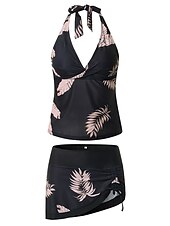 abordables Tankinis-Maillots de Bain Tankini 2 pièces Robe de Bain Maillot de bain Femme Licou 2 Pièces Maillots de bain modestes Dos ouvert Imprimé Feuilles Grande Taille Licou Col en V Maillots de bain nouveau