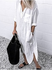preiswerte Kleider-Damen Maxikleid Leinen-inspirierte Kleider Weißes Kleid Hemdblusenkleid Freizeitkleid Basic Lässig Winterkleid Urlaub Täglich Lässiger Schnitt Einfarbig Langarm Hemdkragen Weiß Gelb Rote Blau Sommer