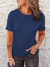 preiswerte Einfarbiges T-Shirt-Damen T-Shirt Einfarbig Einfach Vintage Basic Klassisch Kurze Ärmel Rundhals Regular Tops Freizeit Alltag Wochenende Schwarz Weiß Pink Rot Marineblau Sommer Frühling