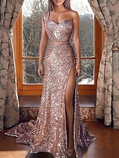 preiswerte GELB-Meerjungfrau Abendkleid Paillettenkleid Hochzeitsgast Ball Gericht Train Ärmellos Ein Schulter mit Schlitz Maskerade Kleid 2025