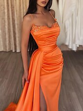cheap YELLOW-Mermaid Evening Gown Sequin Dress Wedding Guest Prom Sweep / Brush Train Sleeveless Spaghetti Strap Satin with Ruched Slit Masquerade Dress 2025