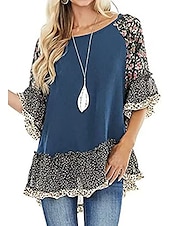 tanie Boho topy-Damskie Koszula Koszula Boho Tunika Bluzka Kwiaty Panterka Moda miejska Codzienny Rękaw 3/4 Okrągły dekolt Zwykłe topy Codzienny Weekend Falbana Nadruk Lejąca tunika Czarny Biały Jasnozielony