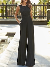 billiga Mammas jumpsuits-Byxor Evening Gown Elegant Prom Födelsedag Golvlängd Ärmlös Juvelhals Höst Bröllopsgäst Stretch Chiffong med Korsande Ren Färg gratis skräddarsydd storlek