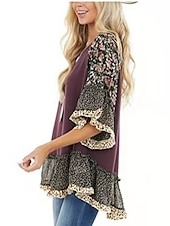 tanie Boho topy-Damskie Koszula Koszula Boho Tunika Bluzka Kwiaty Panterka Moda miejska Codzienny Rękaw 3/4 Okrągły dekolt Zwykłe topy Codzienny Weekend Falbana Nadruk Lejąca tunika Czarny Biały Jasnozielony