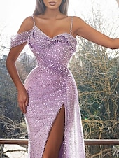 preiswerte lila-Meerjungfrau Abendkleid Pailletten Kleid Ball Geburtstag Schleppe Ärmellos Spaghettiträger Satin mit Schlitz Maskerade Kleid