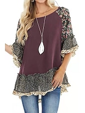 tanie Boho topy-Damskie Koszula Koszula Boho Tunika Bluzka Kwiaty Panterka Moda miejska Codzienny Rękaw 3/4 Okrągły dekolt Zwykłe topy Codzienny Weekend Falbana Nadruk Lejąca tunika Czarny Biały Jasnozielony