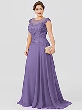 preiswerte Bodenlänge-A-Linie Mutter der Braut Kleid Hochzeitsgast Elegant Plus Size Illusionshals Sweep  Brush Zug Chiffon Perlenbesetzte Spitze Kurze Ärmel ohne Schleife(n) Falten 2025 kostenlose Maßanfertigung