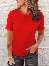 preiswerte Einfarbiges T-Shirt-Damen T-Shirt Einfarbig Einfach Vintage Basic Klassisch Kurze Ärmel Rundhals Regular Tops Freizeit Alltag Wochenende Schwarz Weiß Pink Rot Marineblau Sommer Frühling