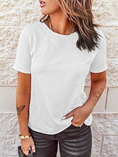 preiswerte Einfarbiges T-Shirt-Damen T-Shirt Einfarbig Einfach Vintage Basic Klassisch Kurze Ärmel Rundhals Regular Tops Freizeit Alltag Wochenende Schwarz Weiß Pink Rot Marineblau Sommer Frühling