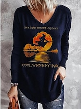 preiswerte Halloween Oberteile-Halloween Damenshirt Langarm V-Ausschnitt Langarm Tunika Tee Schwarz Blau Grün Buchstabe Geist Druck Basic Regelmäßige Lockerer Fit S Vorsaison