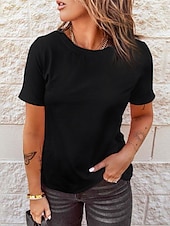 preiswerte Einfarbiges T-Shirt-Damen T-Shirt Einfarbig Einfach Vintage Basic Klassisch Kurze Ärmel Rundhals Regular Tops Freizeit Alltag Wochenende Schwarz Weiß Pink Rot Marineblau Sommer Frühling