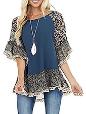 tanie Boho topy-Damskie Koszula Koszula Boho Tunika Bluzka Kwiaty Panterka Moda miejska Codzienny Rękaw 3/4 Okrągły dekolt Zwykłe topy Codzienny Weekend Falbana Nadruk Lejąca tunika Czarny Biały Jasnozielony