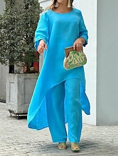 economico Set in cotone e lino-Per donna Streetwear Camicia Set da due pezzi Set di Pantaloni Manica Lunga Girocollo Tinta unica Casuale Weekend Rosa Blu Viola Vestibilità regolare