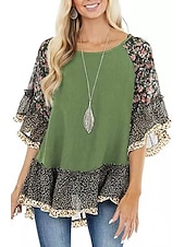 tanie Boho topy-Damskie Koszula Koszula Boho Tunika Bluzka Kwiaty Panterka Moda miejska Codzienny Rękaw 3/4 Okrągły dekolt Zwykłe topy Codzienny Weekend Falbana Nadruk Lejąca tunika Czarny Biały Jasnozielony