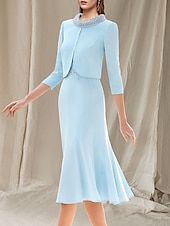 cheap With Jacket-Two Piece Mermaid Mother of the Bride Dress Wedding Guest Church Elegant Jewel Neck Knee Length Stretch Chiffon Sleeveless Short Jacket Dresses with Beading Race Day Dress