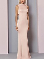 billiga Formell / Svart slips-Strandbröllop sheath kvällsklänning Elegant klänning Bröllopsgäst Engagemang golvlängd ärmlös hög hals satin V-back med veck
