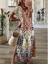 billiga Boho klänningar-Kvinnors Maxi Klänning Avslappnad Klänning Skift Klänning Blommig Utomhus Semester Daglig Regular Fit Kort Ärmar V-hals Khaki Sommar Vår