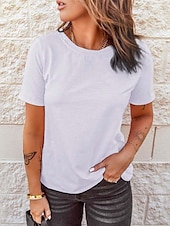 preiswerte Einfarbiges T-Shirt-Damen T-Shirt Einfarbig Einfach Vintage Basic Klassisch Kurze Ärmel Rundhals Regular Tops Freizeit Alltag Wochenende Schwarz Weiß Pink Rot Marineblau Sommer Frühling