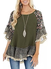 tanie Boho topy-Damskie Koszula Koszula Boho Tunika Bluzka Kwiaty Panterka Moda miejska Codzienny Rękaw 3/4 Okrągły dekolt Zwykłe topy Codzienny Weekend Falbana Nadruk Lejąca tunika Czarny Biały Jasnozielony
