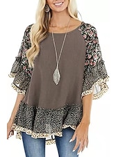 tanie Boho topy-Damskie Koszula Koszula Boho Tunika Bluzka Kwiaty Panterka Moda miejska Codzienny Rękaw 3/4 Okrągły dekolt Zwykłe topy Codzienny Weekend Falbana Nadruk Lejąca tunika Czarny Biały Jasnozielony