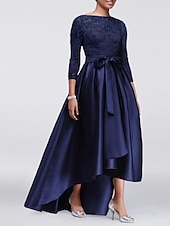 economico Lunghezza del pavimento-Abito A-Line per Madre della Sposa Ospite di Matrimonio Elegante Taglie Forti Alte Basse Scollo Gioiello Asimmetrico Satin Pizzo Maniche 3/4 con Sash  Nastro Applicazioni 2025 taglia personalizzata