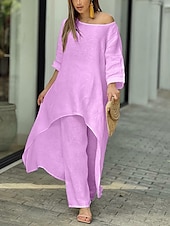 economico Set in cotone e lino-Per donna Streetwear Camicia Set da due pezzi Set di Pantaloni Manica Lunga Girocollo Tinta unica Casuale Weekend Rosa Blu Viola Vestibilità regolare