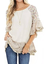 tanie Boho topy-Damskie Koszula Koszula Boho Tunika Bluzka Kwiaty Panterka Moda miejska Codzienny Rękaw 3/4 Okrągły dekolt Zwykłe topy Codzienny Weekend Falbana Nadruk Lejąca tunika Czarny Biały Jasnozielony