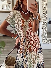 billiga Boho klänningar-Kvinnors Maxi Klänning Avslappnad Klänning Skift Klänning Blommig Utomhus Semester Daglig Regular Fit Kort Ärmar V-hals Khaki Sommar Vår
