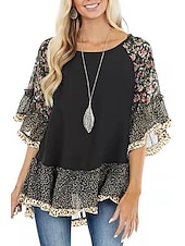 tanie Boho topy-Damskie Koszula Koszula Boho Tunika Bluzka Kwiaty Panterka Moda miejska Codzienny Rękaw 3/4 Okrągły dekolt Zwykłe topy Codzienny Weekend Falbana Nadruk Lejąca tunika Czarny Biały Jasnozielony
