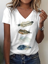 abordables T-shirt Art &amp; Design-t-shirt femme basique imprimé manches courtes hauts réguliers col en V décontracté week-end blanc bleu