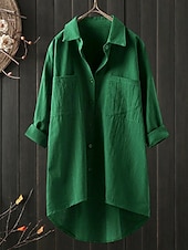 abordables Chemises-Femmes Chemise Chemises inspirées du lin Boutonner Chemisier Uni ancien Occasionnel manche longue Col de chemise Occasionnel Quotidien Week-end Patchwork Noir Blanche Bleu Vert Kaki