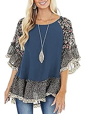 tanie Boho topy-Damskie Koszula Koszula Boho Tunika Bluzka Kwiaty Panterka Moda miejska Codzienny Rękaw 3/4 Okrągły dekolt Zwykłe topy Codzienny Weekend Falbana Nadruk Lejąca tunika Czarny Biały Jasnozielony