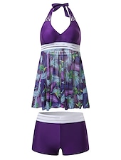 abordables Robes de bain-Femme Grande Taille Maillots de Bain Tankini 2 pièces Robe de Bain Maillot de bain 2 Pièces Maillots de bain modestes Dos ouvert Imprimé pour les grosses poitrines Vacances Le style mignon Floral