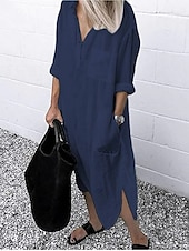preiswerte Kleider-Damen Maxikleid Leinen-inspirierte Kleider Weißes Kleid Hemdblusenkleid Freizeitkleid Basic Lässig Winterkleid Urlaub Täglich Lässiger Schnitt Einfarbig Langarm Hemdkragen Weiß Gelb Rote Blau Sommer