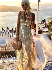 ieftine Rochii de Vacanță-Pentru femei Rochie de petrecere Rochie de Vară Rochie A line Rochie Lunga Rochie Maxi Negru Galben Roz Îmbujorat Fără manșon Culoare pură Sclipici Vară Primăvară V Adânc Vacanță Petrecere Vacan