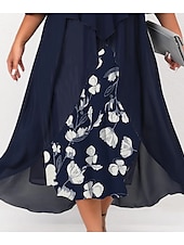 levne Kolekce nadměrných velikostí-dámské plus size křivky pracovní šaty květinové v střih nařasený 3/4 rukáv jarní podzim pracovní elegantní midi šaty formální šaty na dovolenou / vrstvené / potisk