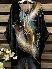 cheap Art&amp;Design Tops-Women&#039;s Plus Size Blouse Chiffon Vintage Holiday Casual Print Dolman Sleeve 3/4 Length Sleeve Crew Neck Daily Weekend Black Dark Blue Summer Spring Fall