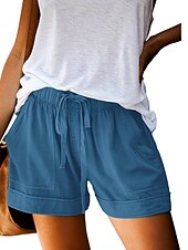 baratos Shorts de linho de algodão-Mulheres Normal Shorts inspirados em linho Calção Moda Básico Casual Curto Cintura Média Simples Bolsos Perna larga Folgado Leve Exterior Micro-Elástica Diário Feriado Streetwear Azul Claro Vermelho