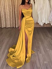 cheap YELLOW-Mermaid Evening Gown Sequin Dress Wedding Guest Prom Sweep / Brush Train Sleeveless Spaghetti Strap Satin with Ruched Slit Masquerade Dress 2025