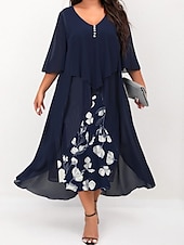 levne Kolekce nadměrných velikostí-dámské plus size křivky pracovní šaty květinové v střih nařasený 3/4 rukáv jarní podzim pracovní elegantní midi šaty formální šaty na dovolenou / vrstvené / potisk
