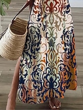 billiga Boho klänningar-Kvinnors Maxi Klänning Avslappnad Klänning Skift Klänning Blommig Utomhus Semester Daglig Regular Fit Kort Ärmar V-hals Khaki Sommar Vår