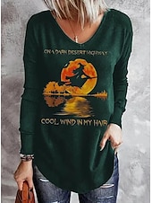 preiswerte Halloween Oberteile-Halloween Damenshirt Langarm V-Ausschnitt Langarm Tunika Tee Schwarz Blau Grün Buchstabe Geist Druck Basic Regelmäßige Lockerer Fit S Vorsaison