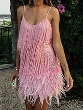 ieftine Rochii scurte și mini-Linia -A Scurt Mini Rochii de bal Strălucitor &amp; Sclipitor Sexy Fără manșon Bretele Spagheti Bal Petrecere Nuntă Paiete cu Pene Breton Paiete