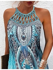 billige Boho-kjoler-Dame Mini kjole Uformell kjole Etnisk kjole Boho-kjole Halter Neck kjole Mote Klassisk Fritid Feriereise Daglig Ferie Normal Geometrisk Trykt mønster Ermeløs Crew-hals Grimehals Svart Blå Grønn