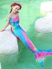 abordables Maillot de bain sirène-Enfants Fille Trois pièces Maillots de bain sirène Maillot de Bain Plage Natation Bloc de couleur à imprimé arc-en-ciel Actif Imprimer Maillots de bain 3-10 ans Eté Rose Claire Rose poussiéreuse