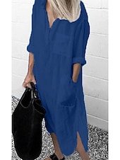 preiswerte Kleider-Damen Maxikleid Leinen-inspirierte Kleider Weißes Kleid Hemdblusenkleid Freizeitkleid Basic Lässig Winterkleid Urlaub Täglich Lässiger Schnitt Einfarbig Langarm Hemdkragen Weiß Gelb Rote Blau Sommer