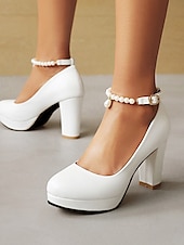 cheap Prom-Women&#039;s White High Heel Pumps with Pearl Ankle Strap – Elegant Platform Heels for Weddings, Prom, and Formal Occasions