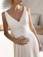cheap Cocktail Dresses-A-Line Cocktail Dresses Elegant Dress Formal Wedding Guest Tea Length Sleeveless V Neck Chiffon with Ruched Pure Color Dresses